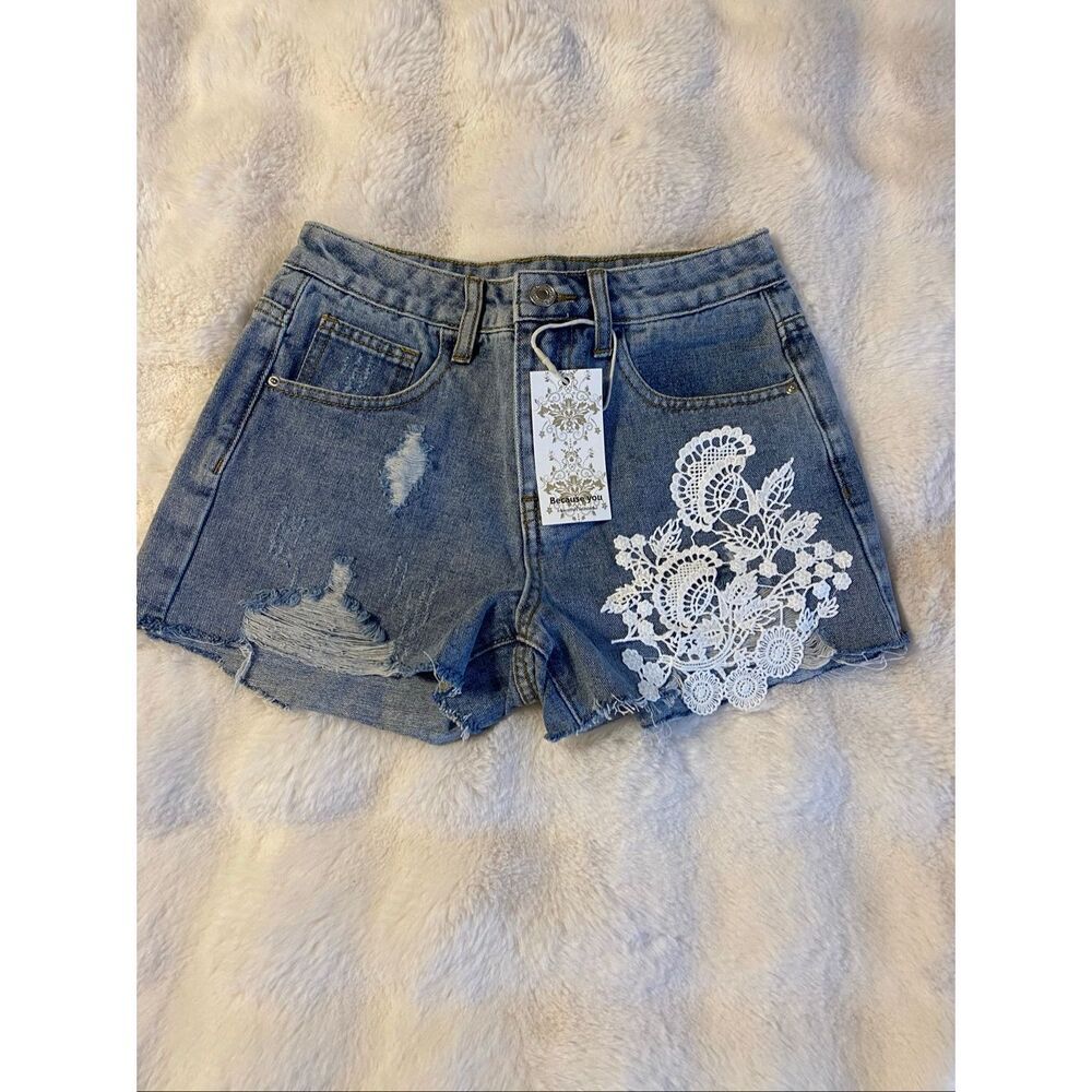 Because You Denim Jean Shorts W/Lace Sz Small NWT